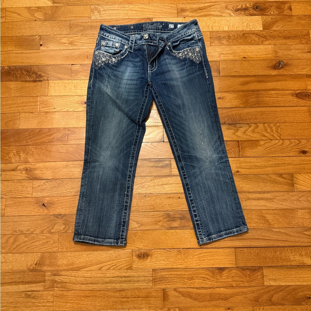 Miss Me Like New Embellished Blue Jeans Cuffed Capris
